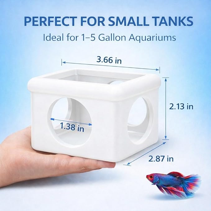 White Floating Betta Hideout with Round Side Holes – 3D Floating Breeding Box & Resting Cave with Window – Feeding Platform, Fish Shelter & Hammock for Betta, Guppies, Nano Tanks & Small Aquariums