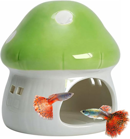 Saim Ceramics Mushroom House Aquarium Decor, Betta Fish Tank Accessories Landscape Decoration, Small Shrimp Goldfishes Habitat Hut Pleco Smalland Breeding Hide Caves Toad House - Green