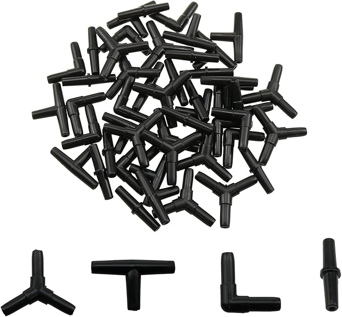 Aquarium Air Valve Connector 48PCS 4Type Black Plastic Air Valve Connectors Splitters for Fish Tank 3/16 Air Line Air Pump, Airline Tubing Connector