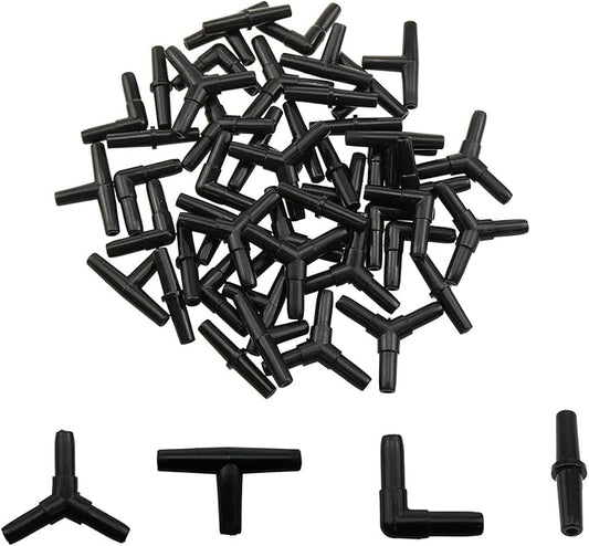 Aquarium Air Valve Connector 48PCS 4Type Black Plastic Air Valve Connectors Splitters for Fish Tank 3/16 Air Line Air Pump, Airline Tubing Connector