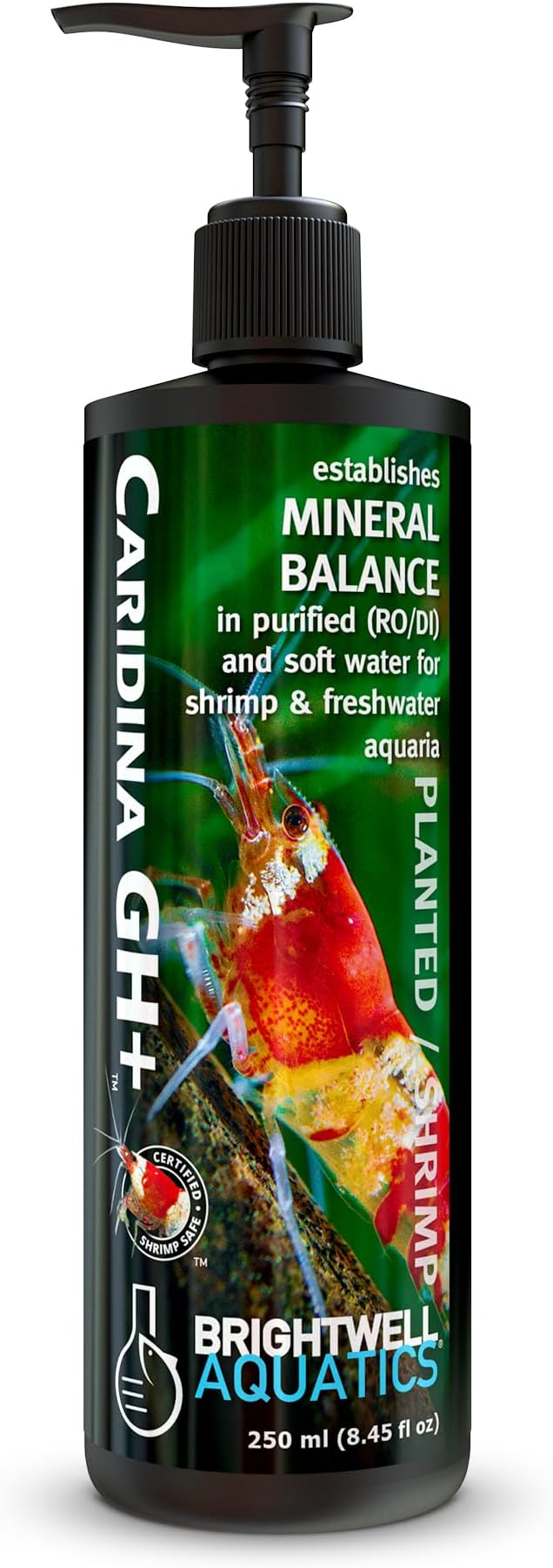 Brightwell Aquatics Caridina GH+ Mineral Supplement Restores Calcium Magnesium Potassium Sodium in Soft RO/DI Water for Shrimp Breeding and Plant Health, 250 ml