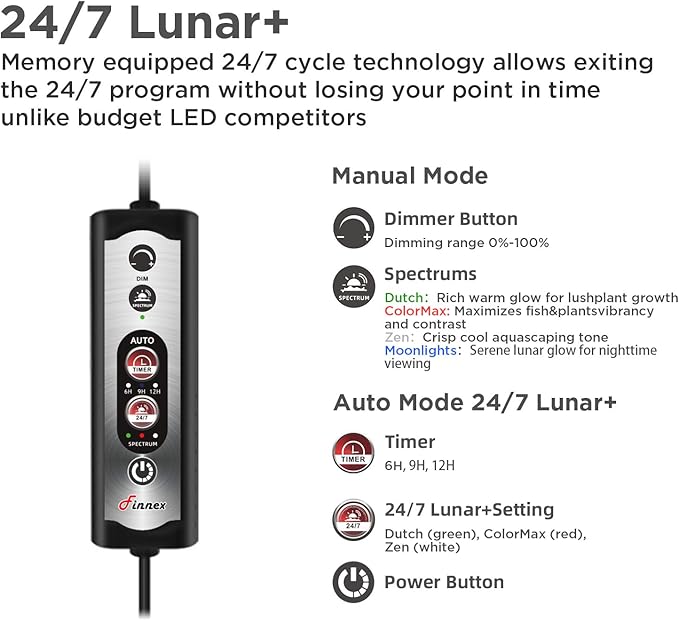 Finnex Vivid+ 3.0 Aquarium LED, Color Boosting RGB Spectrum, Pure Color Blend No White LEDs, 24/7 Lunar+ Cycle, Dimmable, High PAR, Programmable Timer, Planted & Fish Tank Light