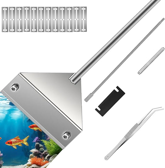 25" Glass Aquariums Algae Scraper - Durable Stainless Steel, Powerfully Remove Stubborn Algae, Professional Fish Tank Cleaner Tools, Includes Sheath, Long Tweezers & 10 Replaceable Blades