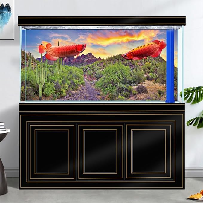 Reptile Habitat Background Rock Blue Sky Oasis Cactus Sunset Desert Terrarium Background 72X16IN with 8 EVA Double-Sided Tape