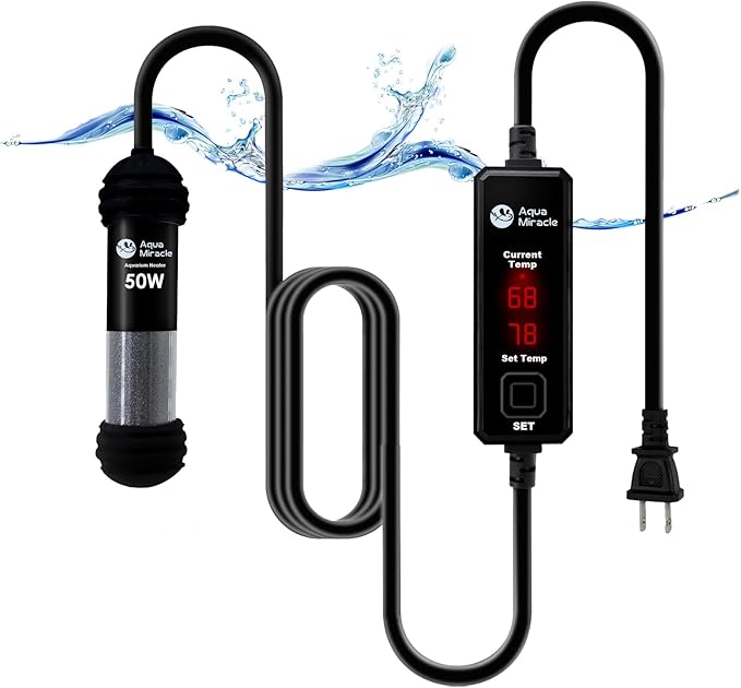 AquaMiracle Upgraded 50W Small Aquarium Heater Fish Tank Heater Turtle Heater Super Mini Aquarium Heater, Dry-Run/Overheating Protection and Memory Function, Dual LED Display, for 5-10 Gal Tanks