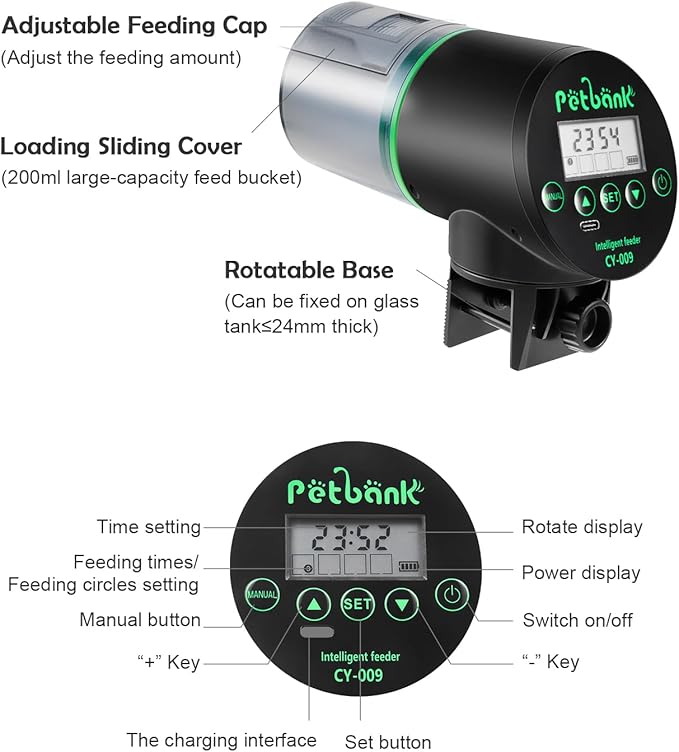 Automatic Fish Feeder - Rechargeable Timer Fish Feeder with USB Charger Cable, Fish Food Dispenser for Aquarium or Fish Tank