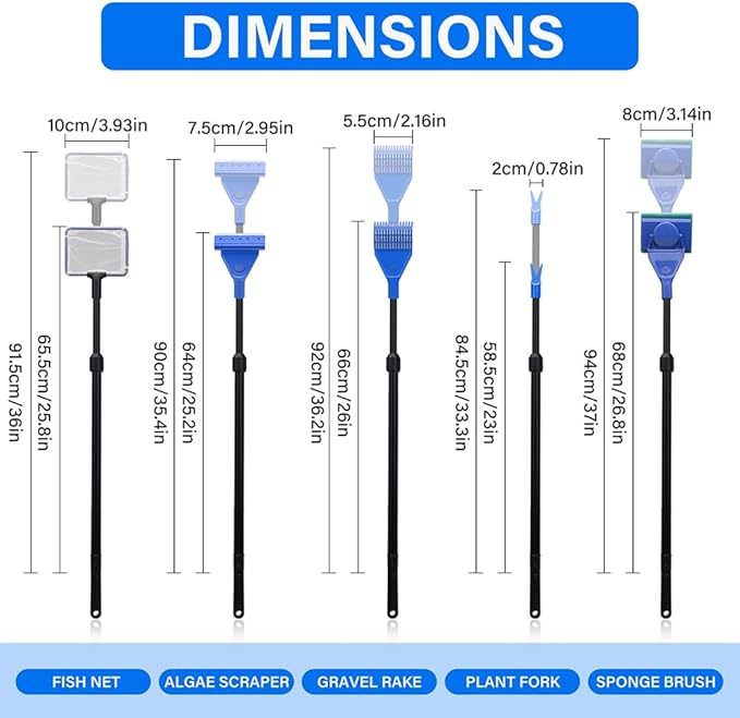 5 in 1 Fish Tank Cleaner Kit Aquarium Cleaning Tools with 22~32 Inch Extendable Non-Slip Handle Fish Tank Cleaner with Algae Scraper and Fish Net
