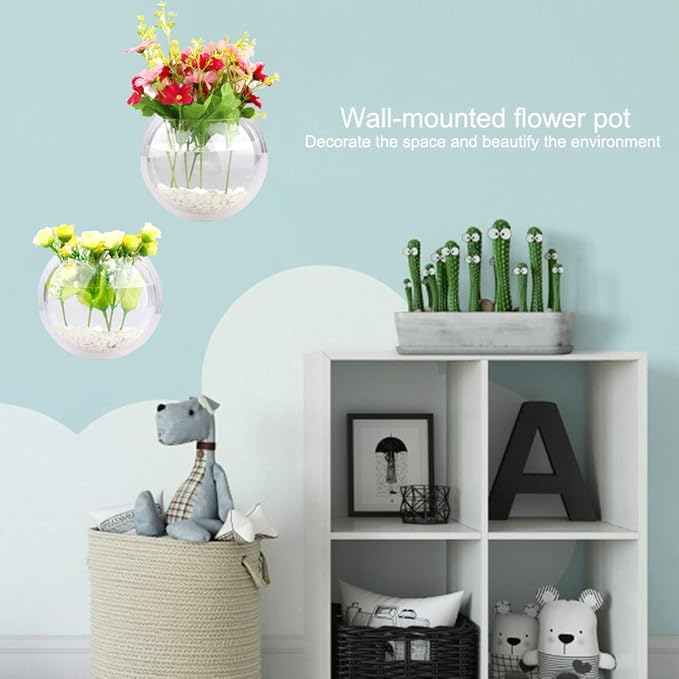 UNIE 2 PCS 6 Inch Wall Mounted Fish Tank Round Transparent Fish Bowl Plastic Aquarium for Flowers and Plants Decor