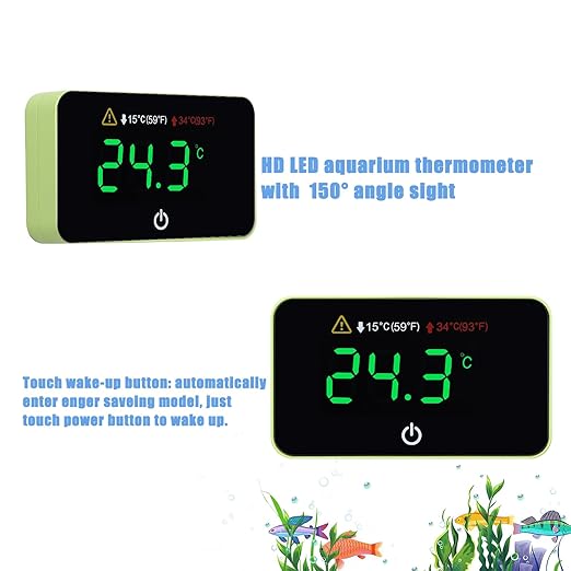 Aquarium Digital Thermometer with LED Touch Screen - Stick-on Fish Tank Thermometer for Betta Tanks, HI/LO Temperature Alarm, Cordless Waterproof Sensor, CR2032 Battery (14-140°F/-10-60°C)