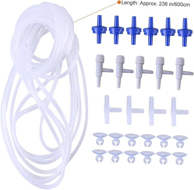 POPETPOP Tropical Aquarium Airline Tubing Accessories 6m Long 12 Suction Cups 4 Manifold Fittings 5 Valves 6 Stopper Valves