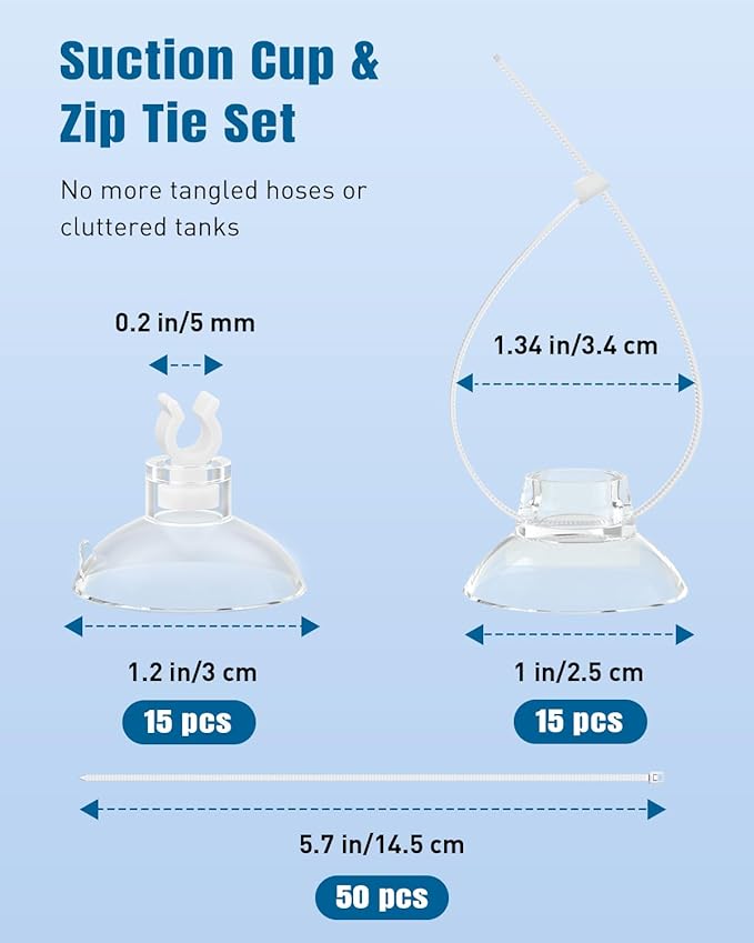 Pawfly Aquarium Suction Cups, Small Suction Cups, Fish Tank Suction Cup Clips with Adjustable Zip Ties Set, 3/16" Fish Hose Holder for Airline Tubing, Decoration & Shrimp Nest, 80 Pack