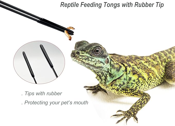 Stainless Steel Straight and Curved Tweezers Aquarium Tweezers with Rubber Tips Long Handle Reptile Feeding Tongs for Fish Tank Aquatic Plants, 2pcs, 10.6 Inch, Black