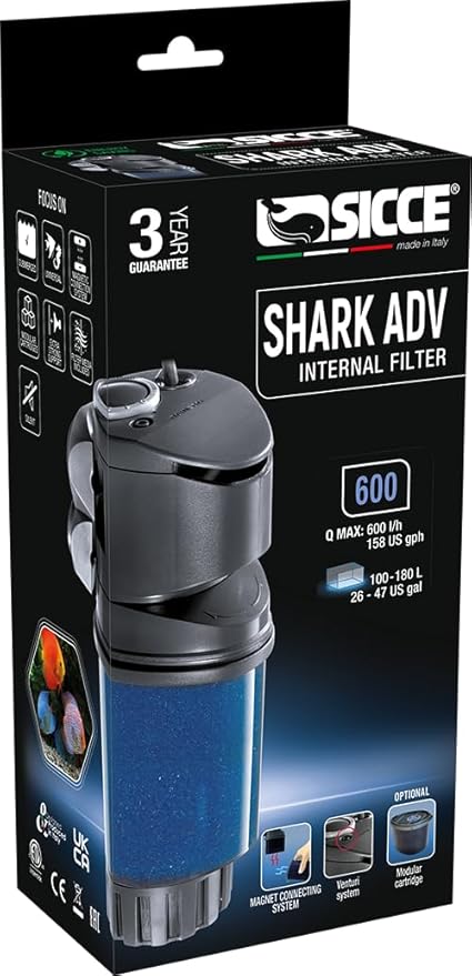 SICCE Shark ADV 600 Internal Aquarium Filter 158 GPH Submersible | In-Tank Freshwater Saltwater Marine Turtle Aquariums Filter Media Cartridge
