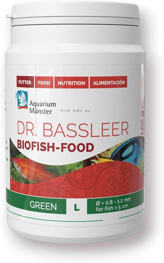 Bassleer Dr Biofish Food Green - Premium Granulated Fish Food for Herbivores, Enriched with Moringa and Chlorella, Suitable for Fresh & Marine Water (Lrg, 150g)