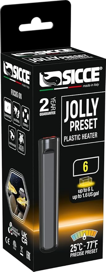 Sicce 6W Jolly Preset Small Submersible Aquarium Heater, Constant Temperature, Betta Fish Tank Heater Set to 77℉ for 1-2 Gallons Freshwater & Saltwater Tanks