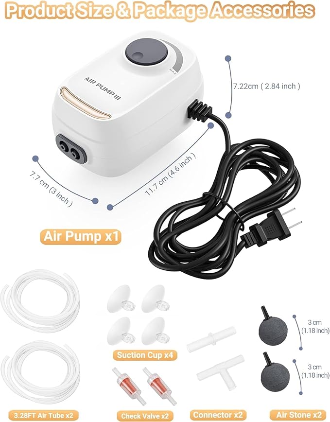 MoonOrange 3W/6W Aquarium Air Pump, Adjustable Aquarium Aerator with 2-Outlet, Super-Powerful & Quiet Oxygen Pump for Fish Tanks up to 100/200 Gallon with Full Accessories.(Upgrade Noise-Reduce)