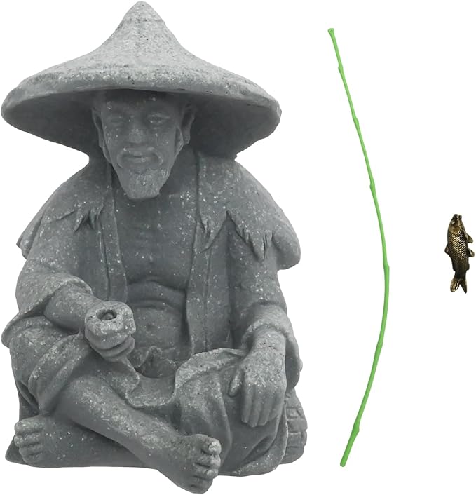 Asian Fisherman Statue, Livelyfish Aquarium Fisherman, Sitting Fishing Garden Statue, Vintage Resin Figurine for Home and Aquarium Decoration