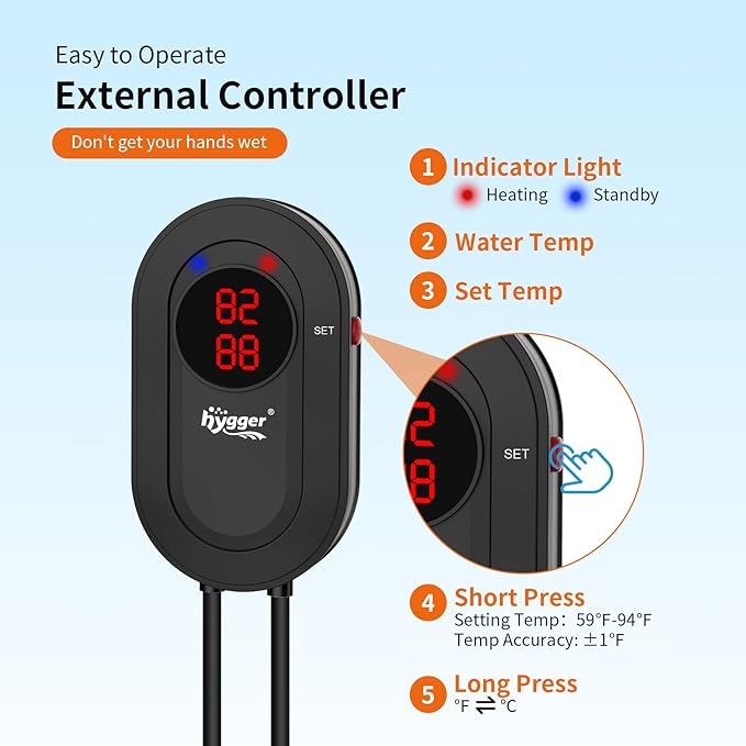 hygger Aquarium Heater 500W Fish Tank Heater with LED Controller, Multiple Safety Protections, Anti-Cooking Fish Alarm, Auto Stop Heating Protection, for 66-135 Gallon Freshwater Saltwater Tank