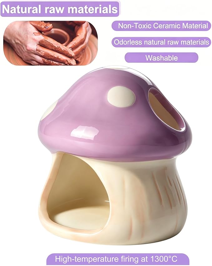 Ceramics Mushroom House Aquarium Decor – Axolotl & Betta Hiding Cave with Breeding Spot for Betta Fish, Shrimp, Small Fish & Goldfish Tank Ornament - Purple