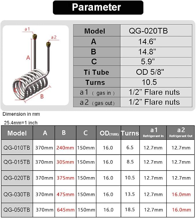 Titanium Tube Cooling Coil Evaporator Heat Exchanger for 2HP Seawater Aquarium Chiller Fish Tank Seafood Pond (2HP-10.5turns)