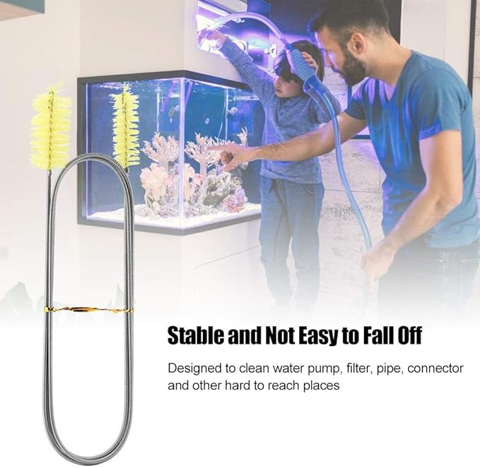 Pssopp Aquarium Cleaning Spring Brush, Double Head Filter Tube Hose Pipe Pump Cleaner Flexible Stainless Steel Spring Nylon Brush 155cm for Fish Aquarium
