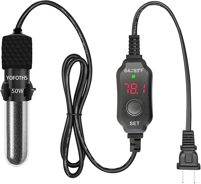 YOFOTHS Adjustable Mini Aquarium Heater 5-10 Gallons Submersible Small Fish Tank Heater 50W Digital Display Thermostat External Temperature Controller (50W)