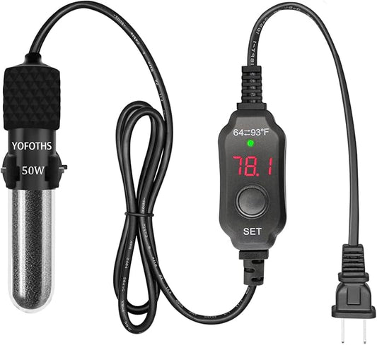 YOFOTHS Adjustable Mini Aquarium Heater 5-10 Gallons Submersible Small Fish Tank Heater 50W Digital Display Thermostat External Temperature Controller (50W)