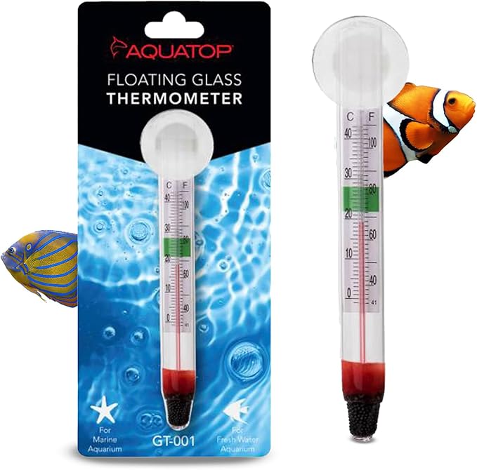 Aquatop Floating Glass Aquarium Thermometer with Suction Cup – Safe Temperature Range Indicator - for Fresh & Saltwater Tanks – Easy to Read & Install