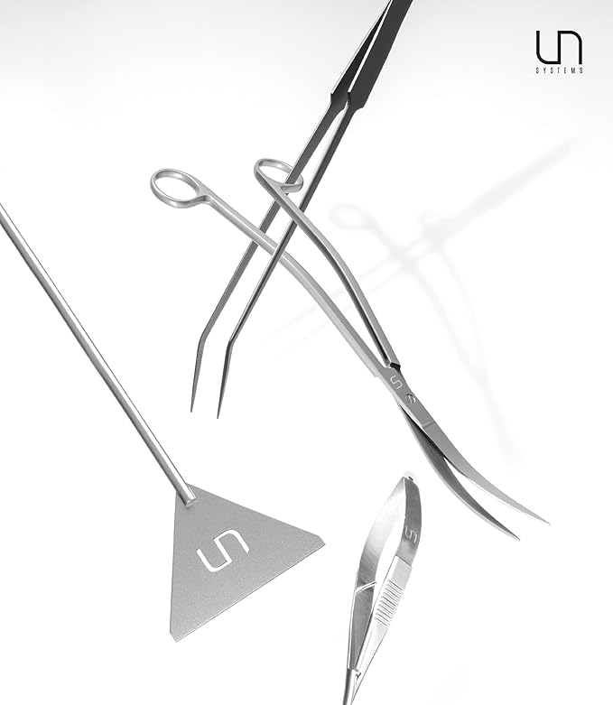 UNS Aquascaping Tools - Stainless Steel, Rust Resistant, Freshwater Planted Tank, Saltwater Reef Aquarium Maintenance Accessory - Trimming Stems & Carpets, Coral Cutting - Curved Scissors, Grey