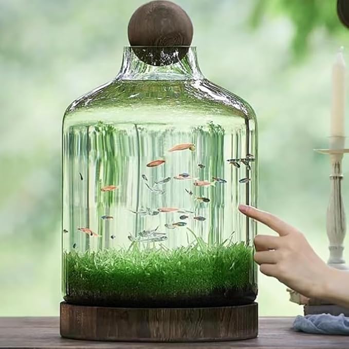 Glass Aquarium with Wooden Base, Microecosphere Fish Tank, Transparent Bottle-Shaped Batta Fish Bowel, Micro-Landscape Ecological Aquarium, Modern Glass Goldfish Tank,XL