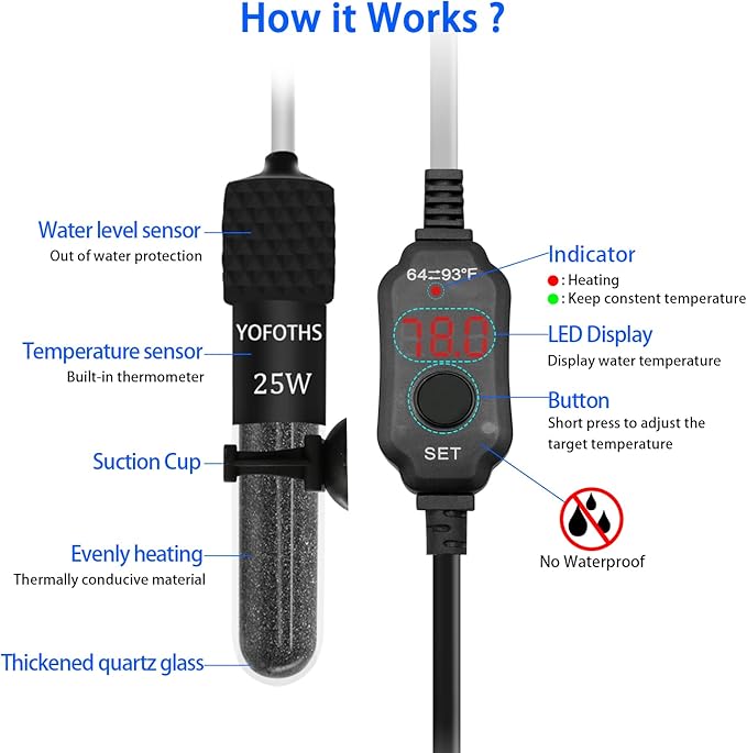 YOFOTHS Adjustable Mini Aquarium Heater3-5 Gallons Submersible Small Fish Tank Heater 25W Digital Display Thermostat External Temperature Controller (25W)