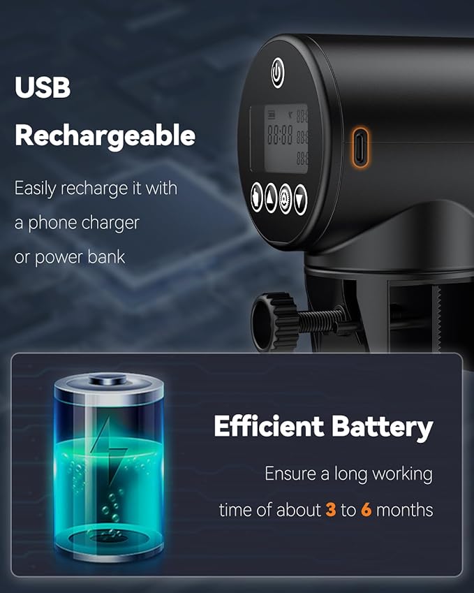Pawfly 200 ml Automatic Fish Dispenser for Aquarium USB Rechargeable Timer Adjustable Vocation & Holiday Auto Fish Food Feeder for Pellets Granules & Strips