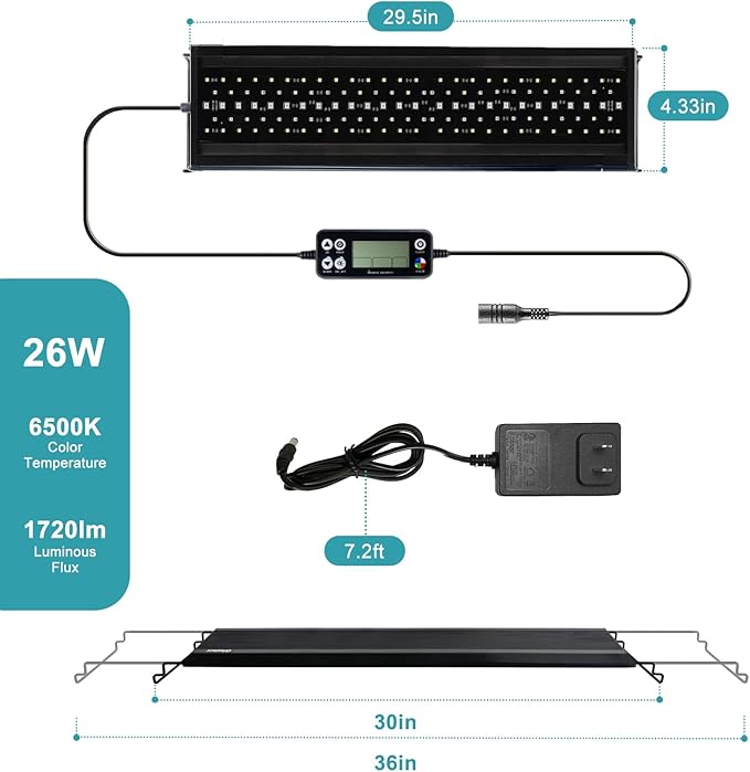24/7 LED Aquarium Light, IP68 Waterproof Extendable Bracket Fish Tank Light with Timer, 7 Colors, 10 Level Adjustable Brightness, DIY Mode Full Spectrum Aquarium Plant Light for 30-36 Inch Fish Tank