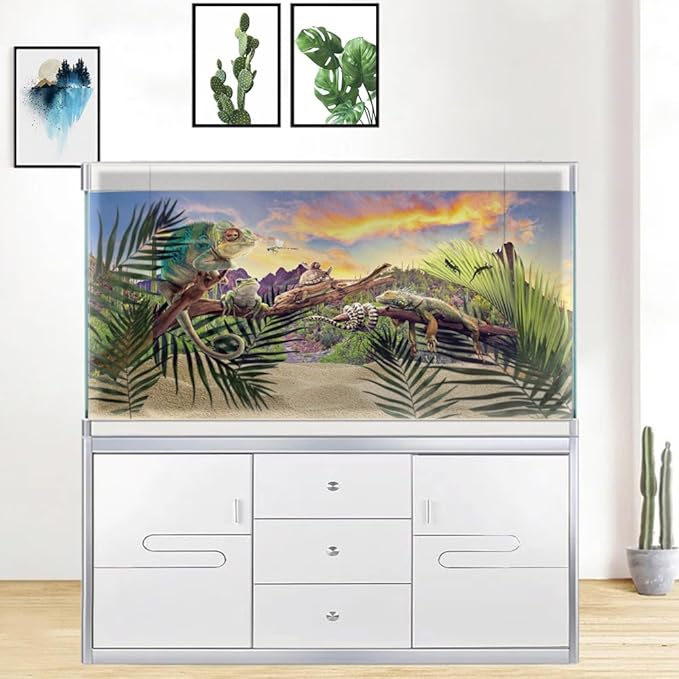 Reptile Habitat Background Rock Blue Sky Oasis Cactus Sunset Desert Terrarium Background 30X12IN with 8 EVA Double-Sided Tape