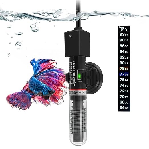 PULACO 25Watt Mini Aquarium Submersible Betta Heater with Free Thermometer Strip for 1-6 Gallon Fish Tanks (Preset Temperature 78℉)