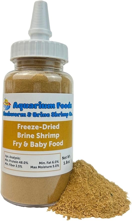 Brine Shrimp Powder-Small Bits Fry & Baby Food, for Freshwater Fish, Marines, Baby Pond Fish, Corals, Anemones, All Tiny Nanos, Fry and Babies…1.8oz Med Squeeze Bottle