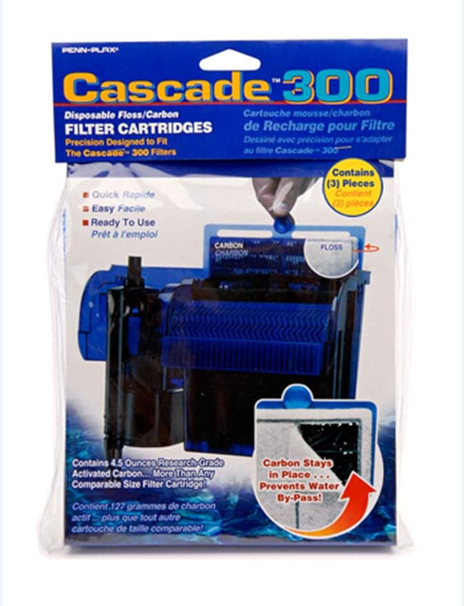 Penn-Plax Cascade 300 GPH Hang On Filter Replacement Media, 3 Pack - Dual-Sided Aquarium Filter Cartridge with Activated Carbon & Poly-Fiber Floss for CPF5 -Fresh & Saltwater - Blue & Black, ‎10x3x7in