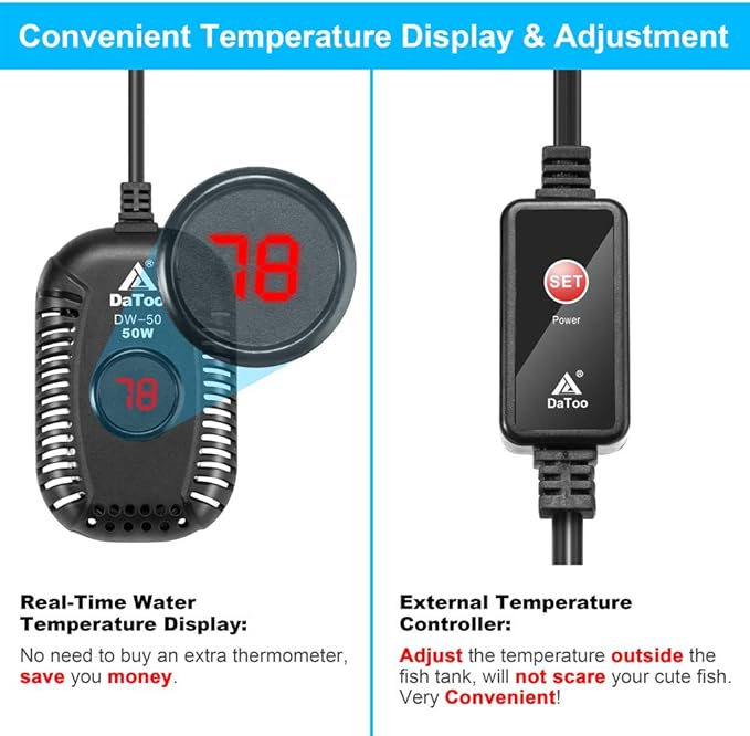 DaToo Small Aquarium Heater 50W Mini Fish Tank Heater 50 Watt Submersible with LED Temperature Display