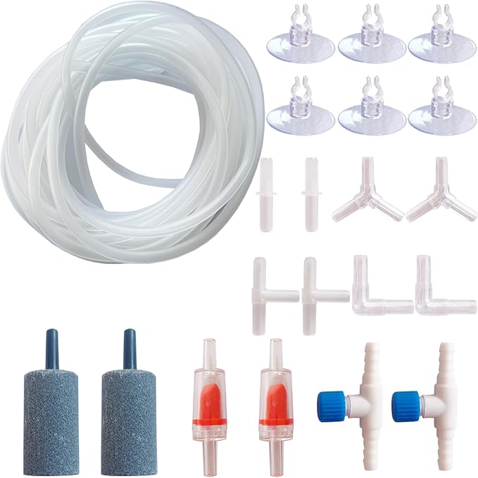 Aquarium Air Pump Accessories - Contains Airline Tubing, Air Stones, Check Valves, Control Valve, Connectors, Suction Cups