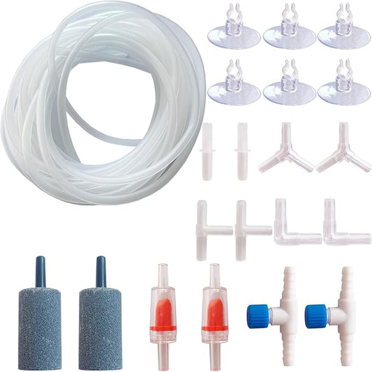 Aquarium Air Pump Accessories - Contains Airline Tubing, Air Stones, Check Valves, Control Valve, Connectors, Suction Cups