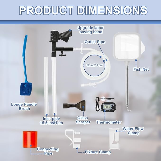 Fish Tank Cleaner Kit with Digital Thermometer, Gravel Vacuum for Aquarium, Aquarium Vacuum & Siphon, Fish Tank Cleaning Kit, Safe for Shrimp & Small Fish