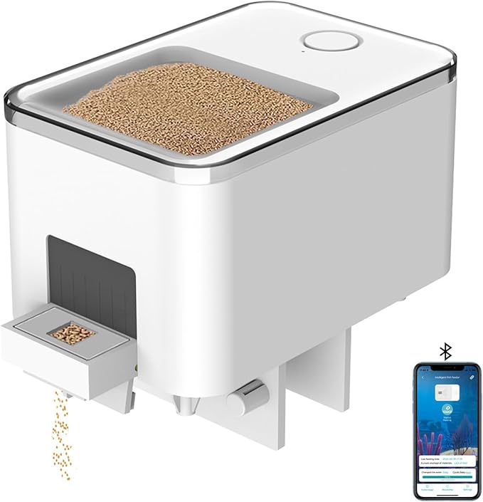 Bluetooth Automatic Fish Feeder for Aquarium, Food Dispenser for Fish Tank with App Control, USB and Rechargeable Battery Powered, Suitable for Small Fish Tank Pelleted Food, White