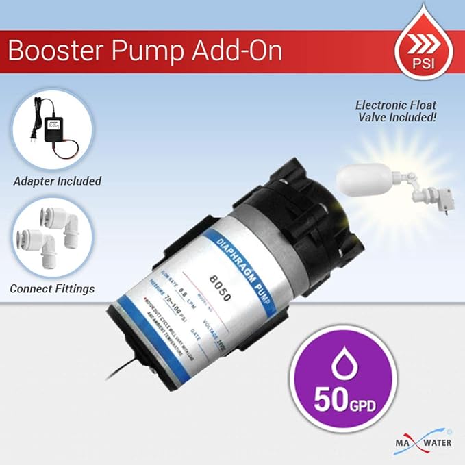 Aquarium Reverse Osmosis 50 GPD RO Booster Pump + Electronic Float Valve, 2 Connect Fittings - 1/4 OD x 3/8 MIP Elbow