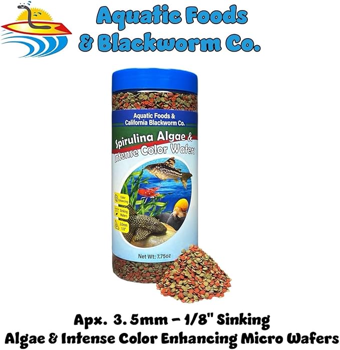 3.5mm - 1/8" Small Sinking Wafers of Spirulina, Algae & Color Enhancing Wafers for Bottom Fish, Shrimp, Snails, Tropicals. 4-Type Wafer & 12-Type Pellets Included 12oz Canister