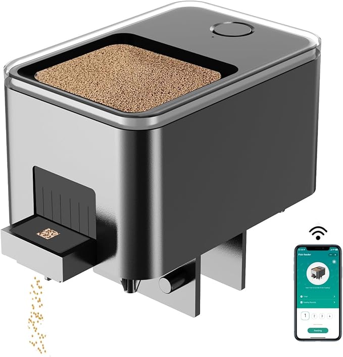 WiFi Automatic Fish Feeder for Aquarium, Food Dispenser for Fish Tank with App Control, USB Powered, Suitable for Small Tank Pelleted Food, Black