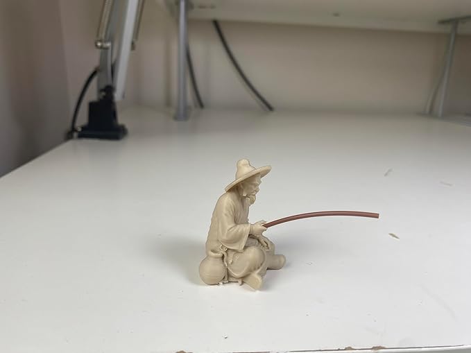 Miniature Zen Fisherman Figurine – Old Wise Man Fishing Bonsai Tree Accessory – 3D Printed Ivory Finish Aquarium & Terrarium Decor – Oriental Feng Shui Sand Garden Ornament