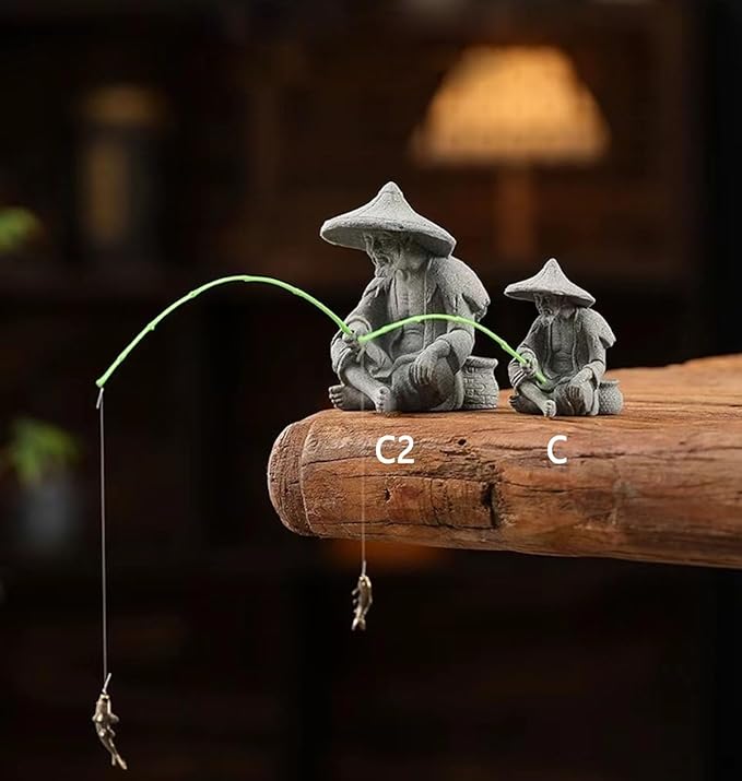 livelyfish Mini Fisherman Statue Asian Zen Decoration Sitting Fishing Figurines Sandstone Vintage Ornament for Aquarium Fish Tank Pot Garden Home Japanese Decor (C2)