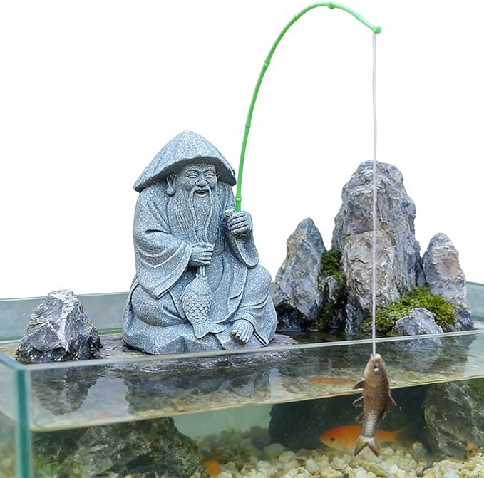 livelyfish Aquarium Fisherman Statue Japanese Old Man Figurine Sandstone Sitting Fishing Figurines for Fish Tank Garden Home Decor (E2)