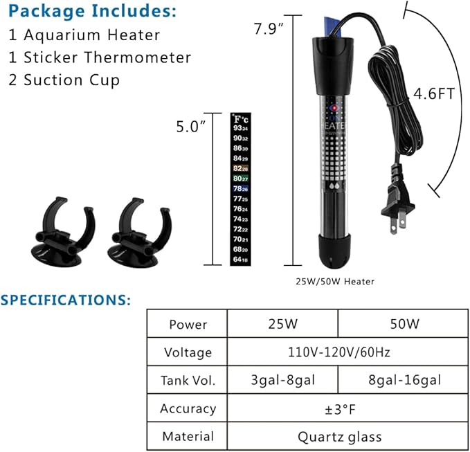 DOMICA 50W Adjustable Aquarium Heater, Submersible Water Heater for Small Fish Tank (8-16 gallons) with Free Thermometer Sticker