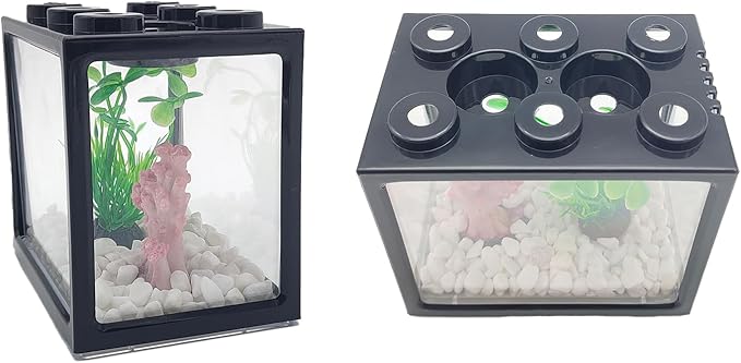 0.25 Gal Black Desktop Aquarium Kit with Aquarium Gravel & Resin Decorations, Cube Mini Fish Tank, Stackable Desktop Fishbowl for Sea Monkeys & Aquarium Landscape Enthusiasts